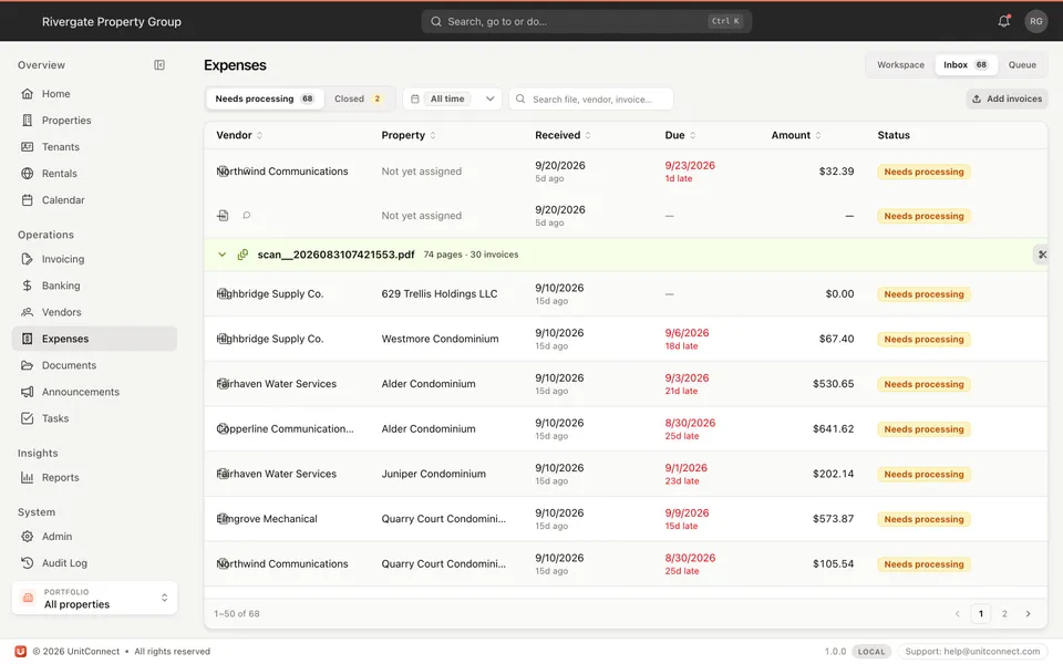 The expenses inbox in UnitConnect