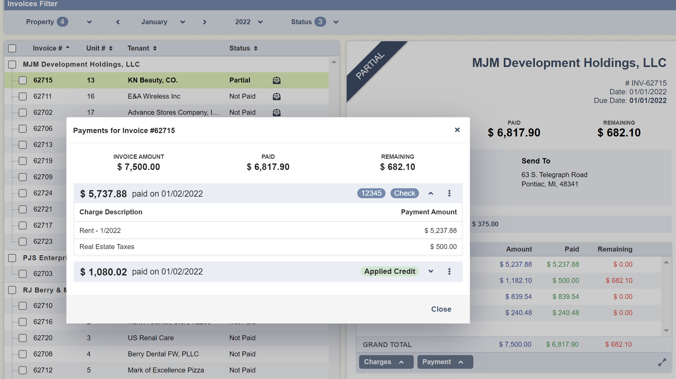 UnitConnect tenant invoicing and billing dashboard